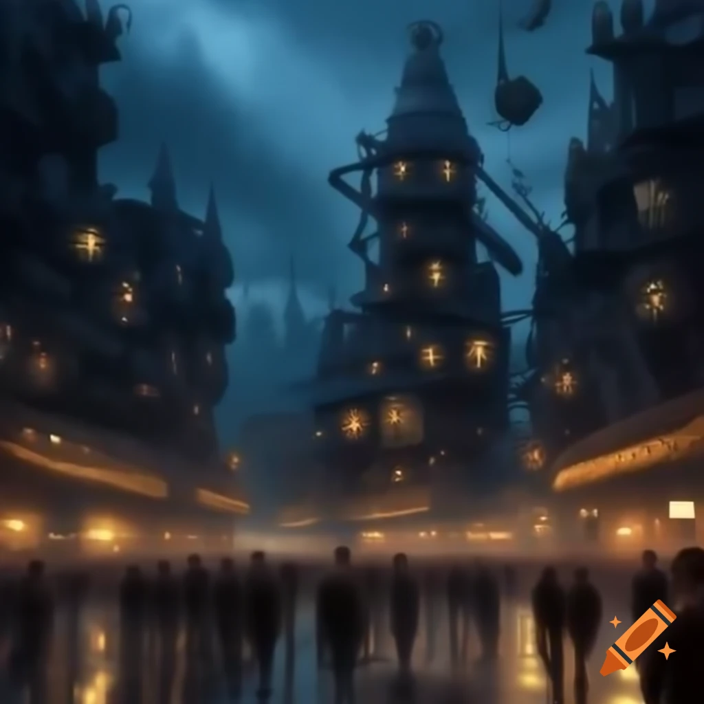 Bustling steampunk metropolis at twilight with clockwork structures and Victorian architecture