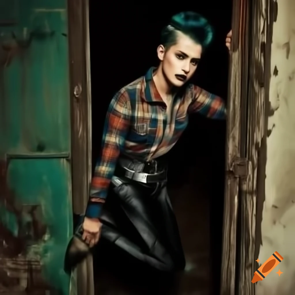 Punk rocker with mohawk hairstyle and plaid shirt in a derelict setting