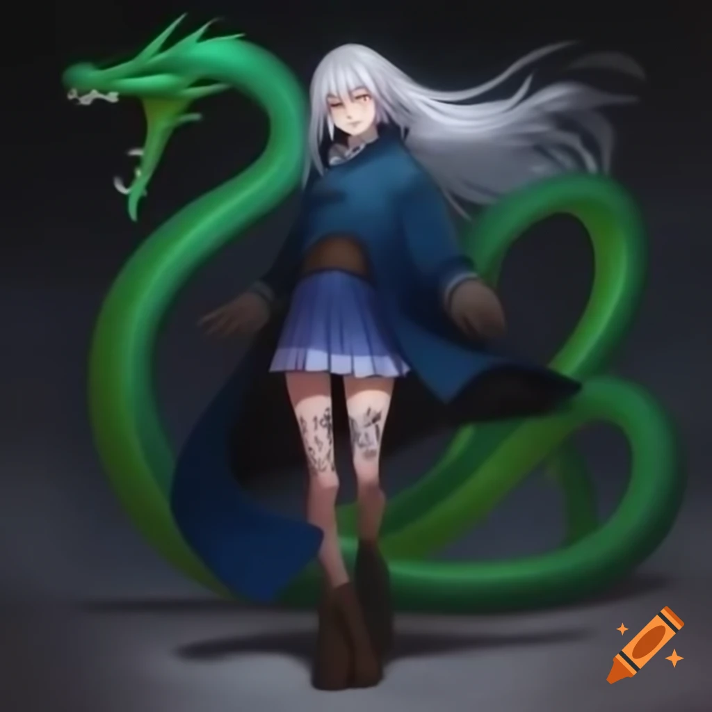 Anime girl in blue coat and skirt with silver hair and snow boots