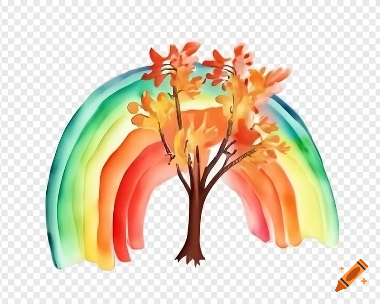Watercolor autumn bush in fiery rainbow shades, storybook style