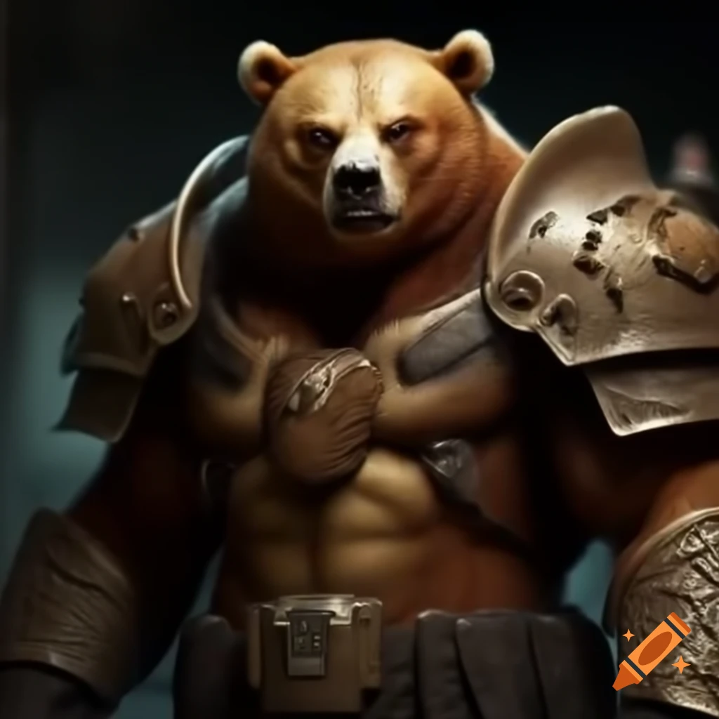 Reference sheet for a young muscular anthro bear guard character from video game