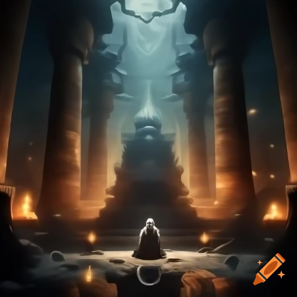 Elderly sage in illuminated Eastern temple surrounded by floating scrolls and glowing symbols