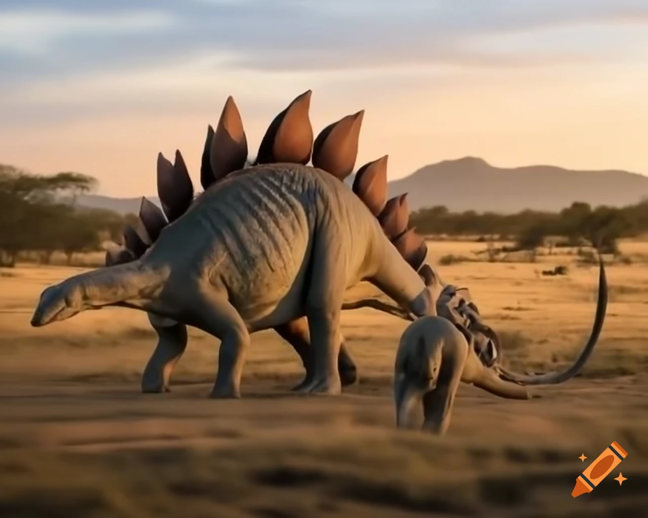 Two Stegosaurus walking in a fern-covered savannah during morning light