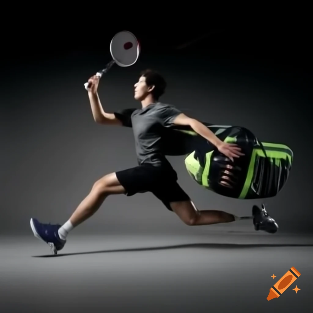 Athlete running while putting on shirt with badminton racket bag