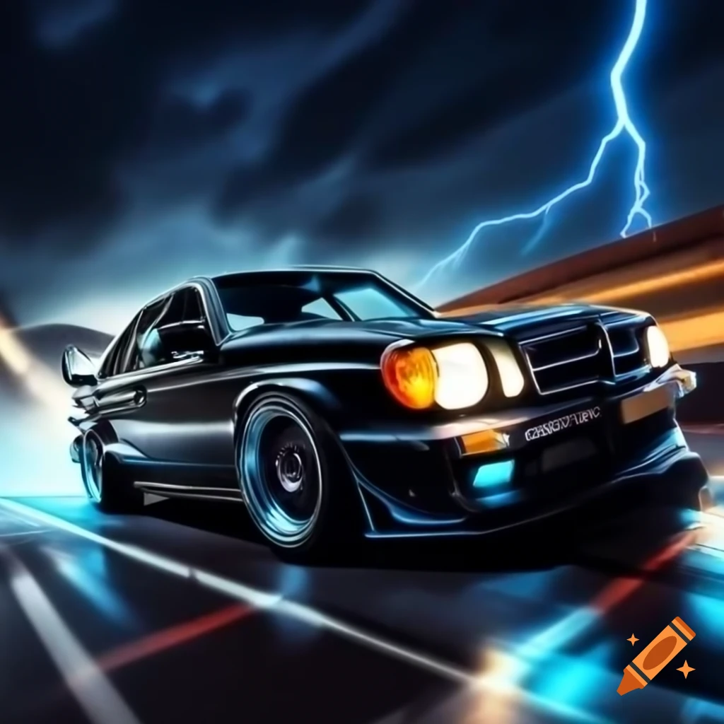 Black Mercedes 190 Evo 3 at night with blue lightning effects and dynamic design