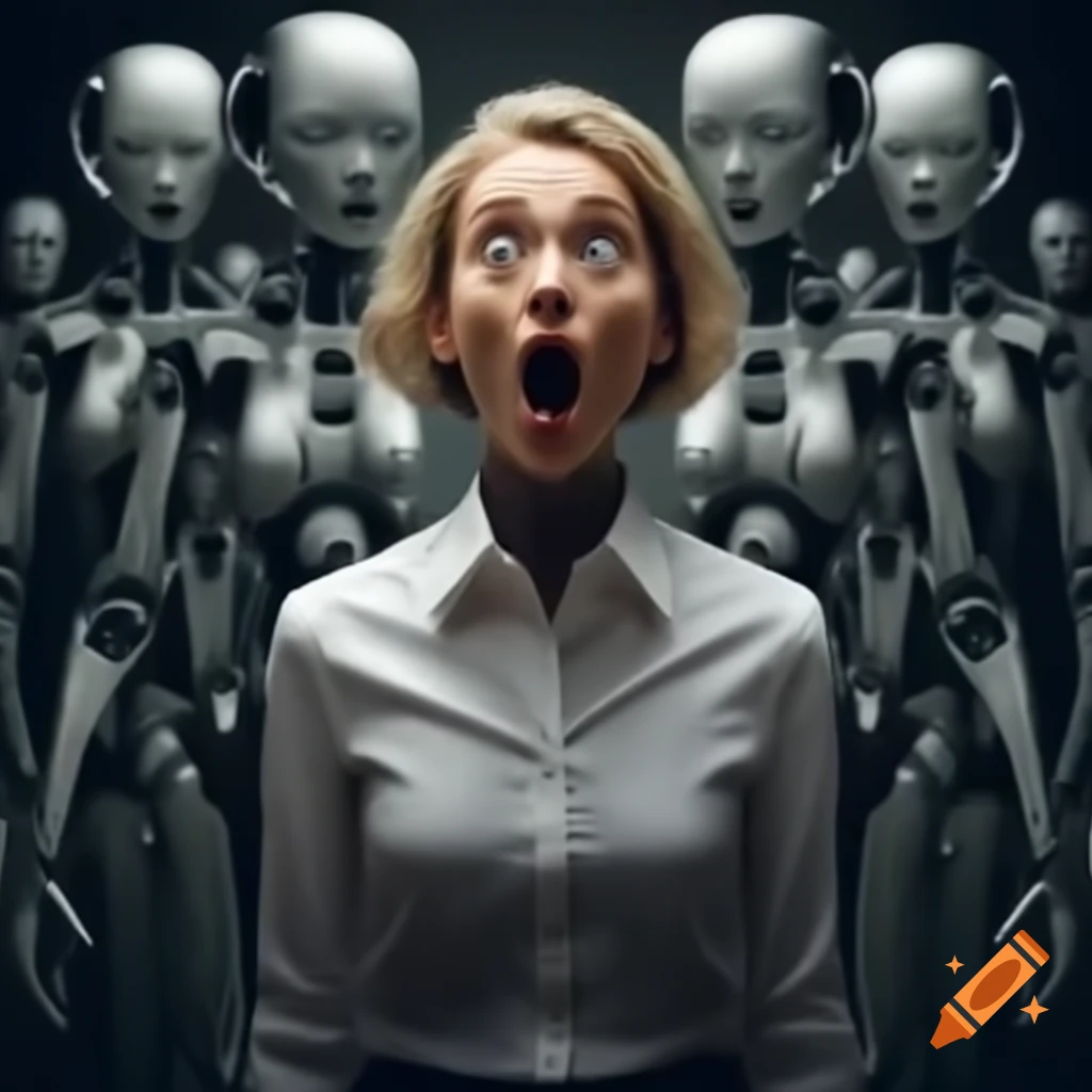 Competition between women and humanoid robots in futurism style