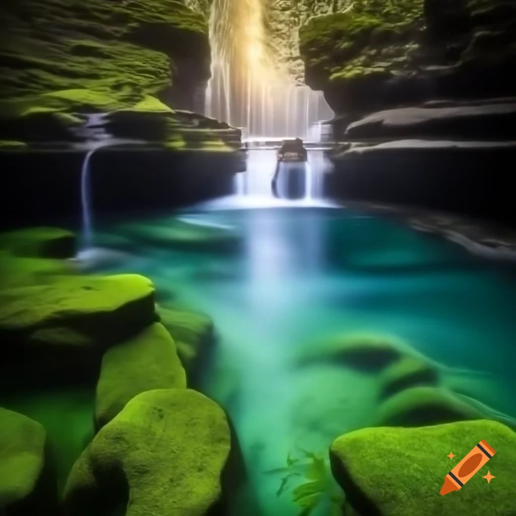 Enchanted forest grove with rushing water and tall grass