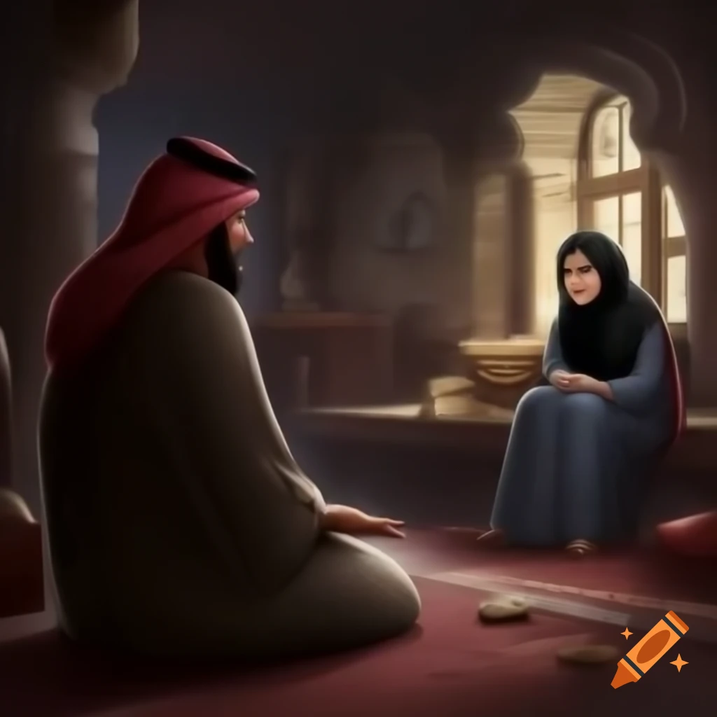 Emotional scene of Arab man speaking to hijab-wearing woman in ancient house, 4k gaming wallpaper
