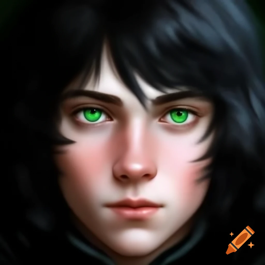 Portrait of young Scandinavian male with fluffy black hair and bright green eyes