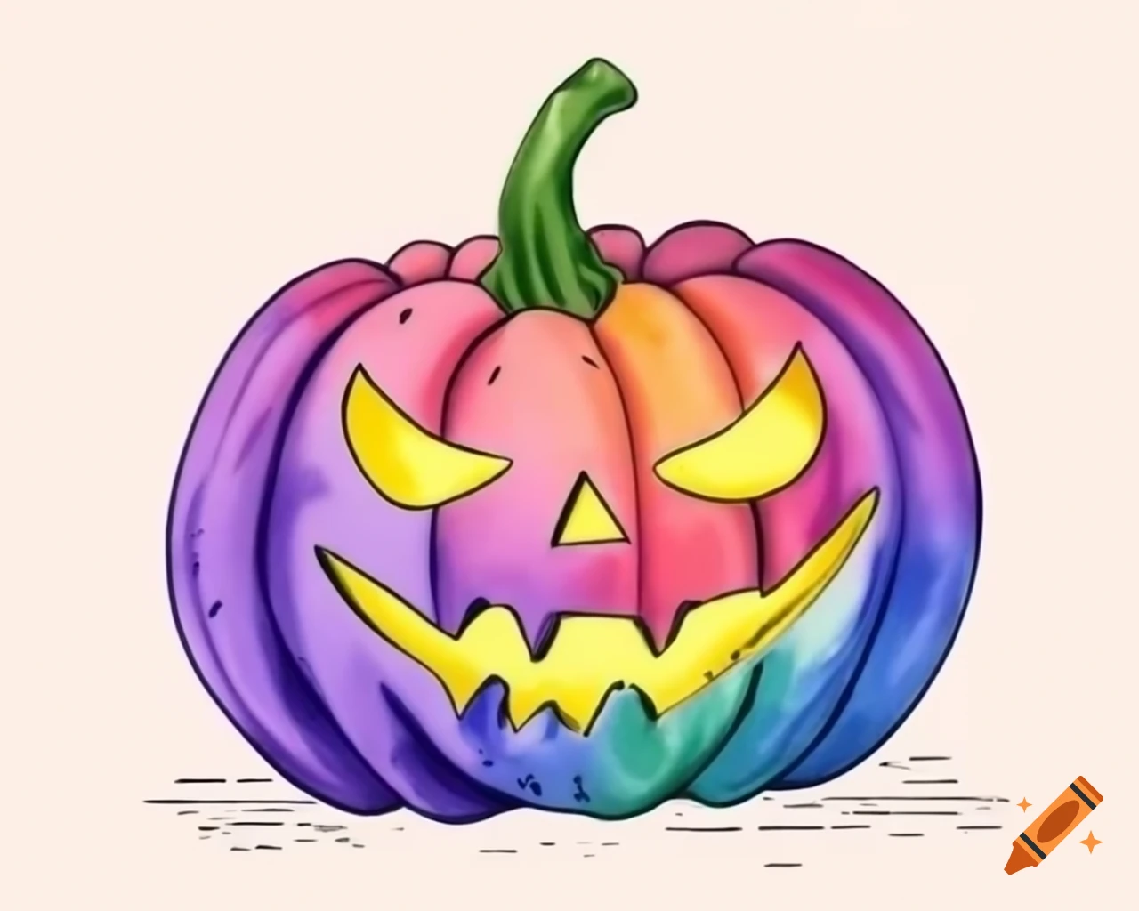 Watercolor Halloween pumpkin in rainbow colors, storybook style