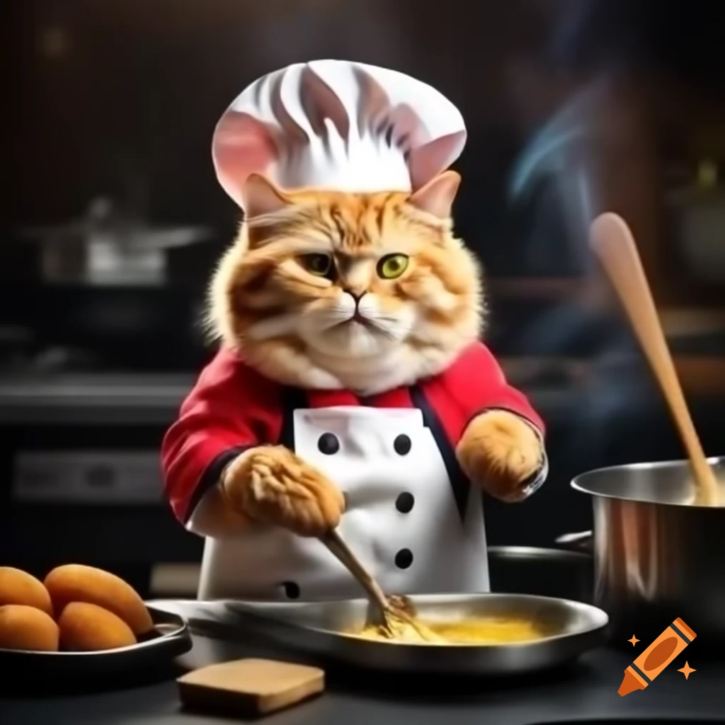 Chef cat preparing cat-friendly croquettes