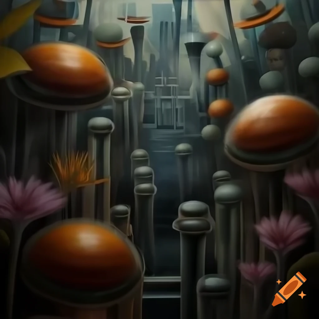 Abstract art of futuristic time travelers in Garden of Eden with exotic flora