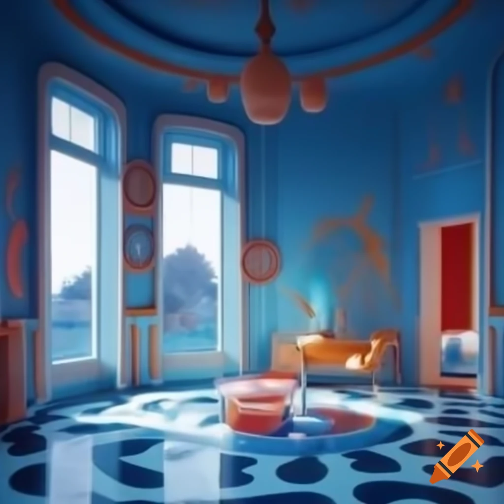 Surrealist room with mirror illusions in watercolor style