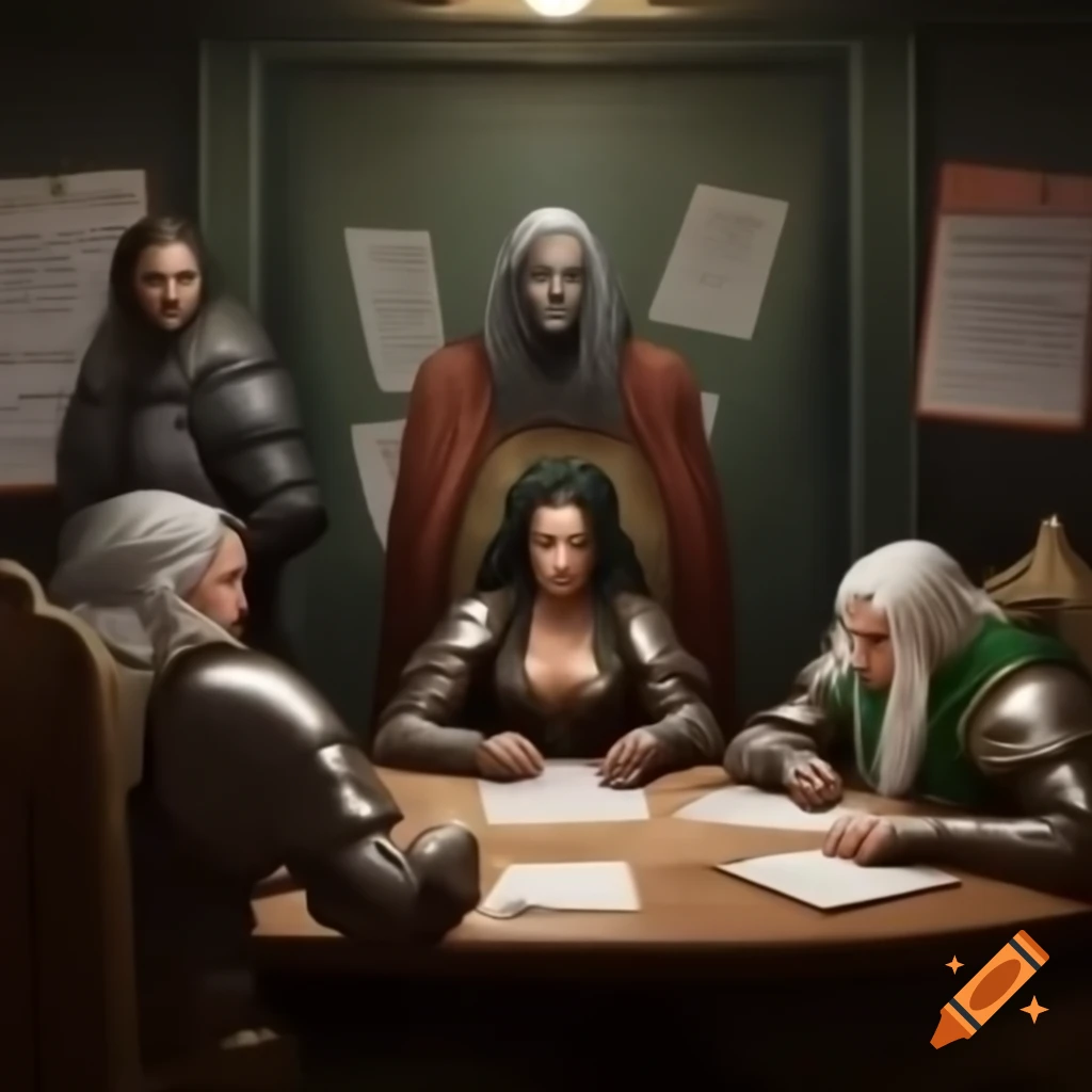 Hyper realistic individuals in meeting room with documents and charts