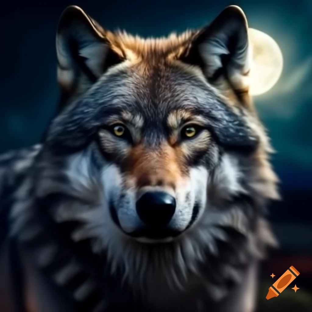 Realistic wolf gazing at a large moon at night