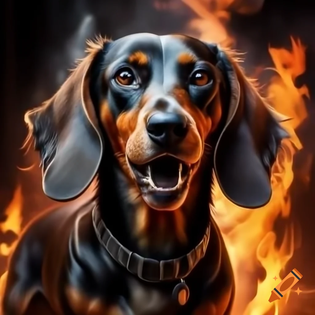 Barking black and brown dachshund surrounded by flames, heavy metal album cover style