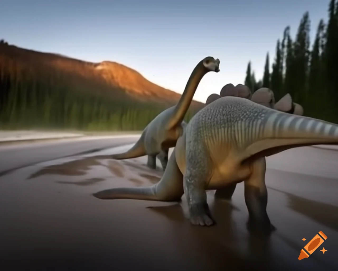 Two Stegosaurus in mudflat with Diplodocus moving towards forest