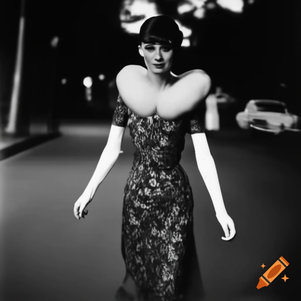 Audrey Hepburn in detailed evening dress with fluffy sleeves walking in Goiania