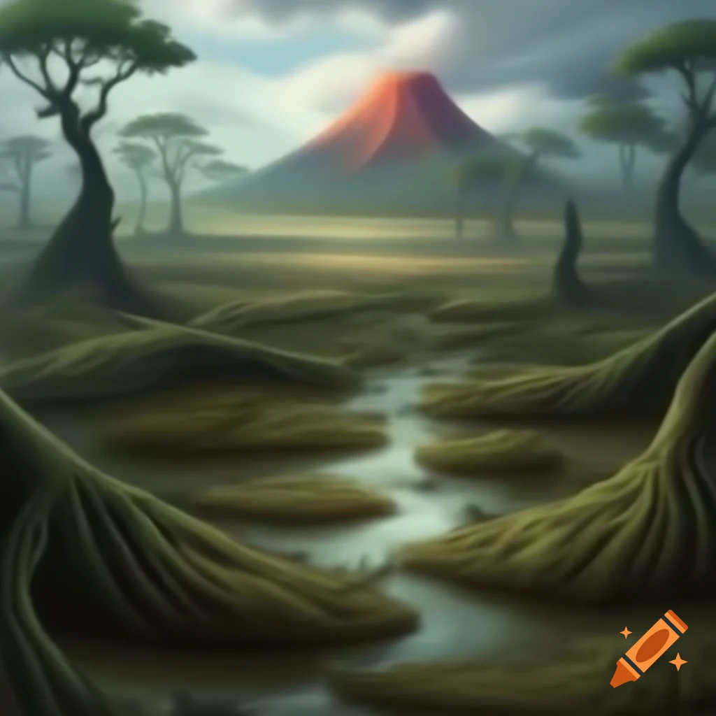 Varied landscape painting featuring swamp, plains, forest with giant, and volcano