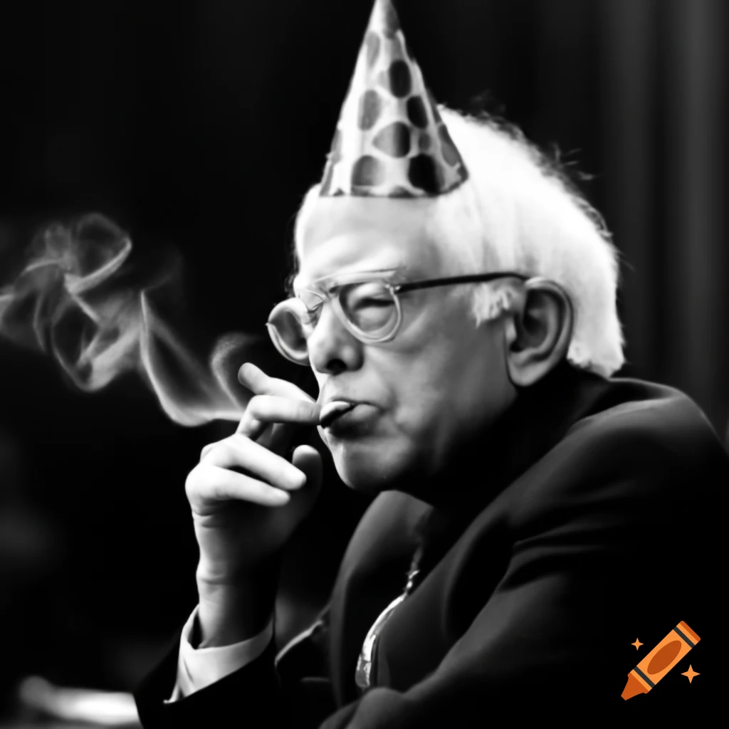 Bernie Sanders in birthday hat, humorously smoking a joint