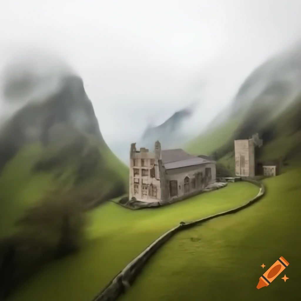 Misty valley with small medieval abbey to the right