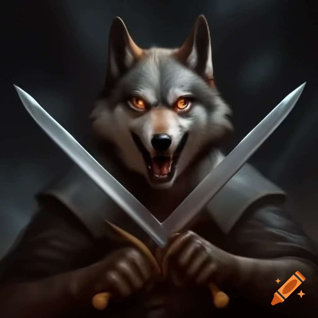 Wolf with blades in mouth, in Dan Hipp style