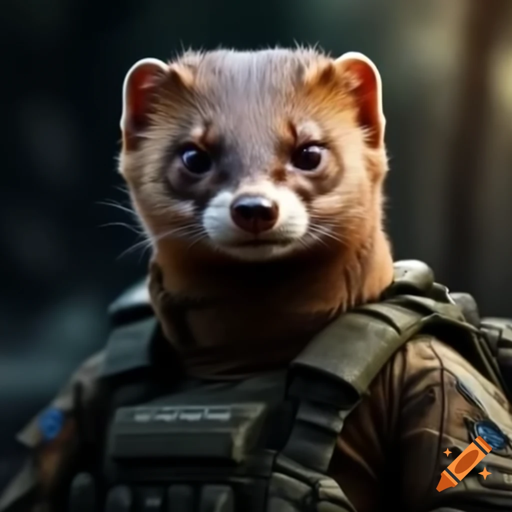Angry European weasel in tactical military uniform commanding a T72 tank