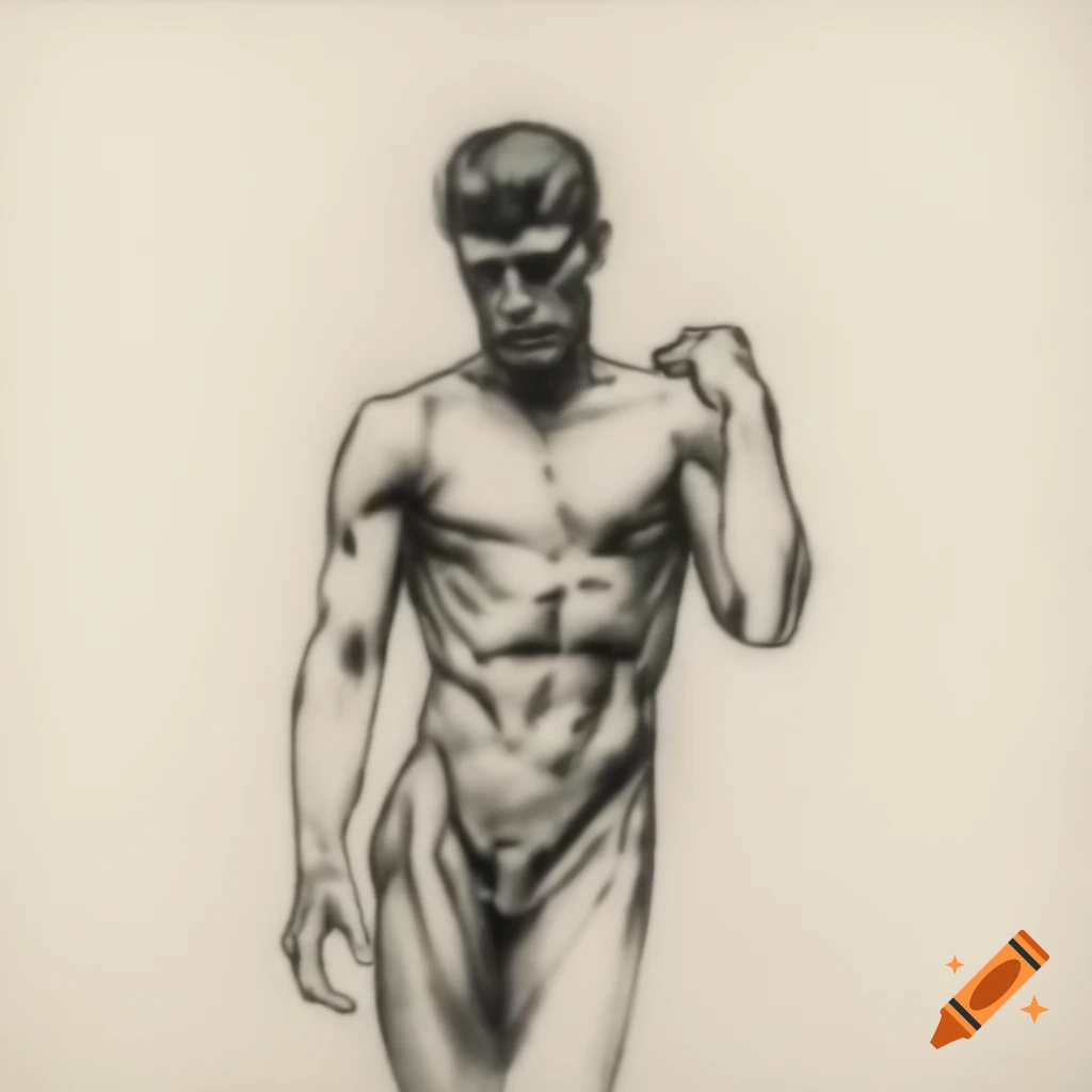Monochromatic drawing of a dramatic male figure showcasing detailed musculature