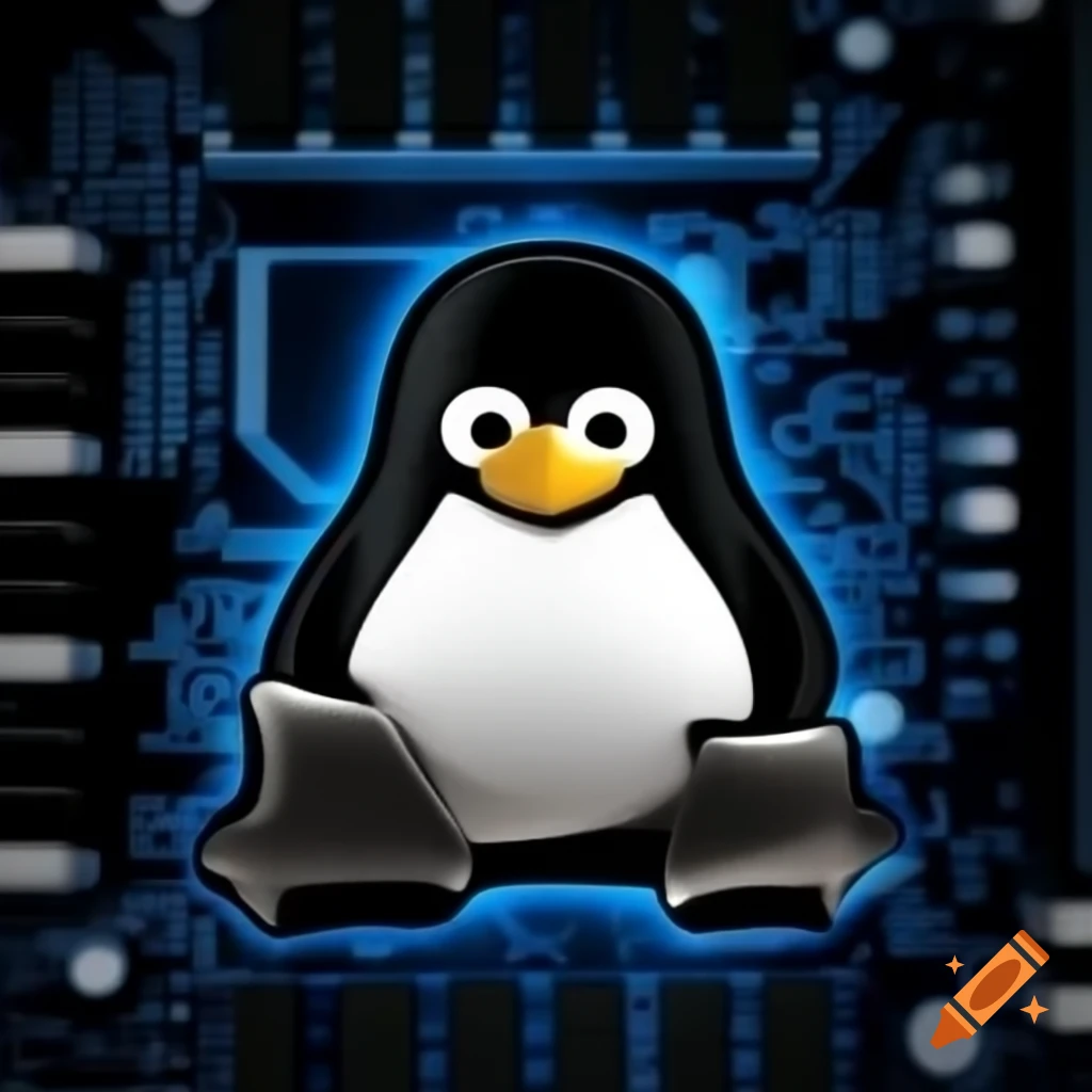 Linux penguin character interacting with motherboard logo on Craiyon