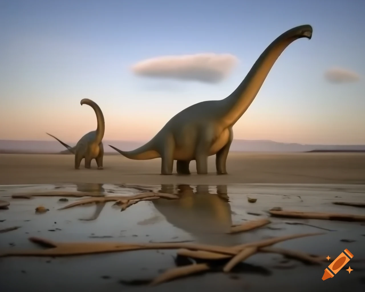 Two small Stegosaurus in front of a Diplodocus in muddy flat during golden hour