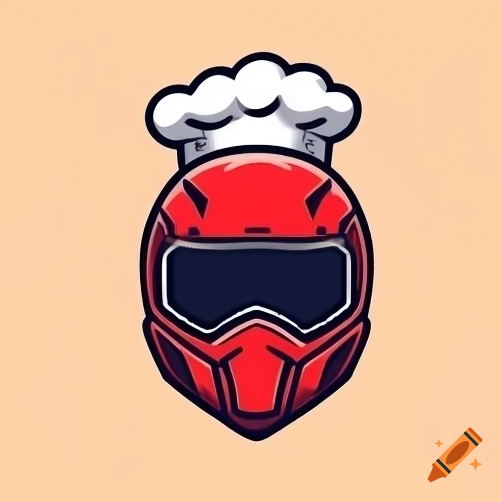 Vtuber in red and black outfit with motorcycle helmet and chef coat