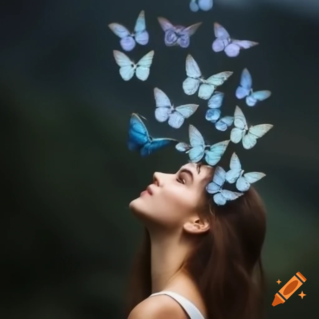 Young woman profile gazing at butterfly in flight