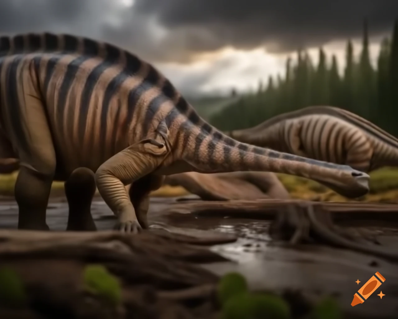 Striped Hadrosaurus roaming near stream in British Columbia with dramatic clouds