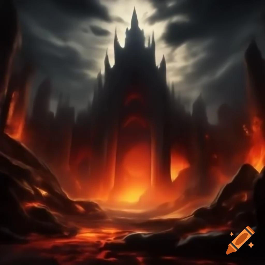 Anime depiction of burning ruins in a hellish landscape