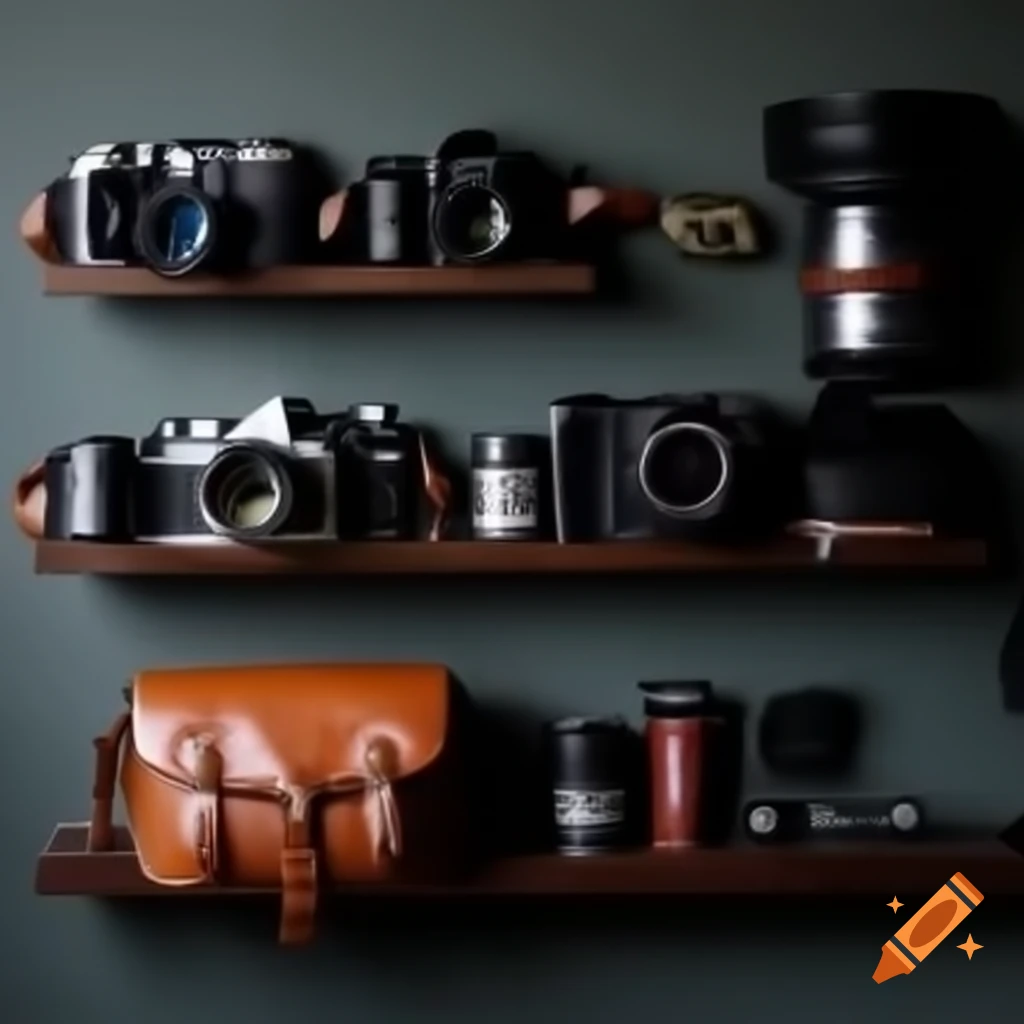 Photography equipment including cameras, lenses, and accessories on shelves