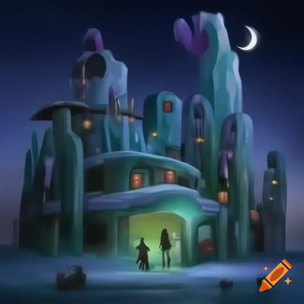 Surreal Wild West town with spectral cowboys in cool blues and purples