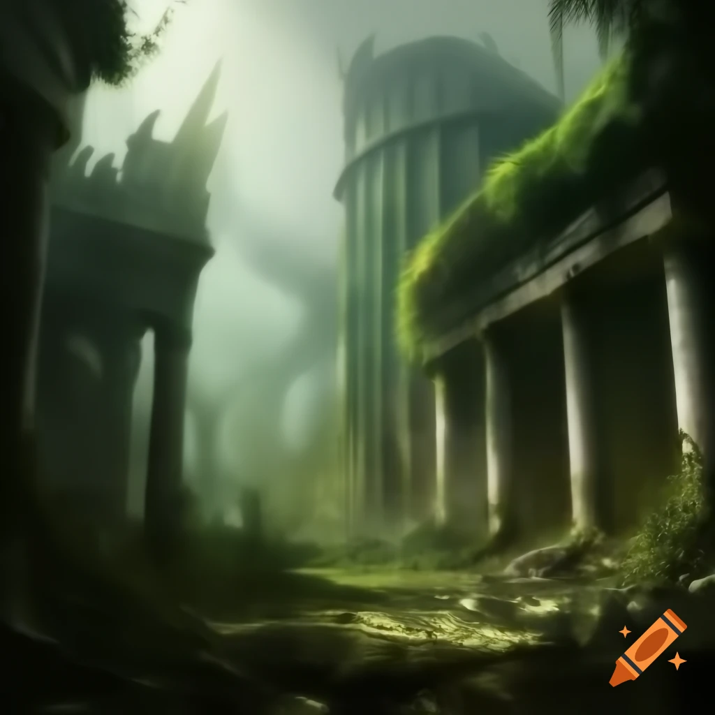 Post-apocalyptic city overtaken by nature with lush vegetation