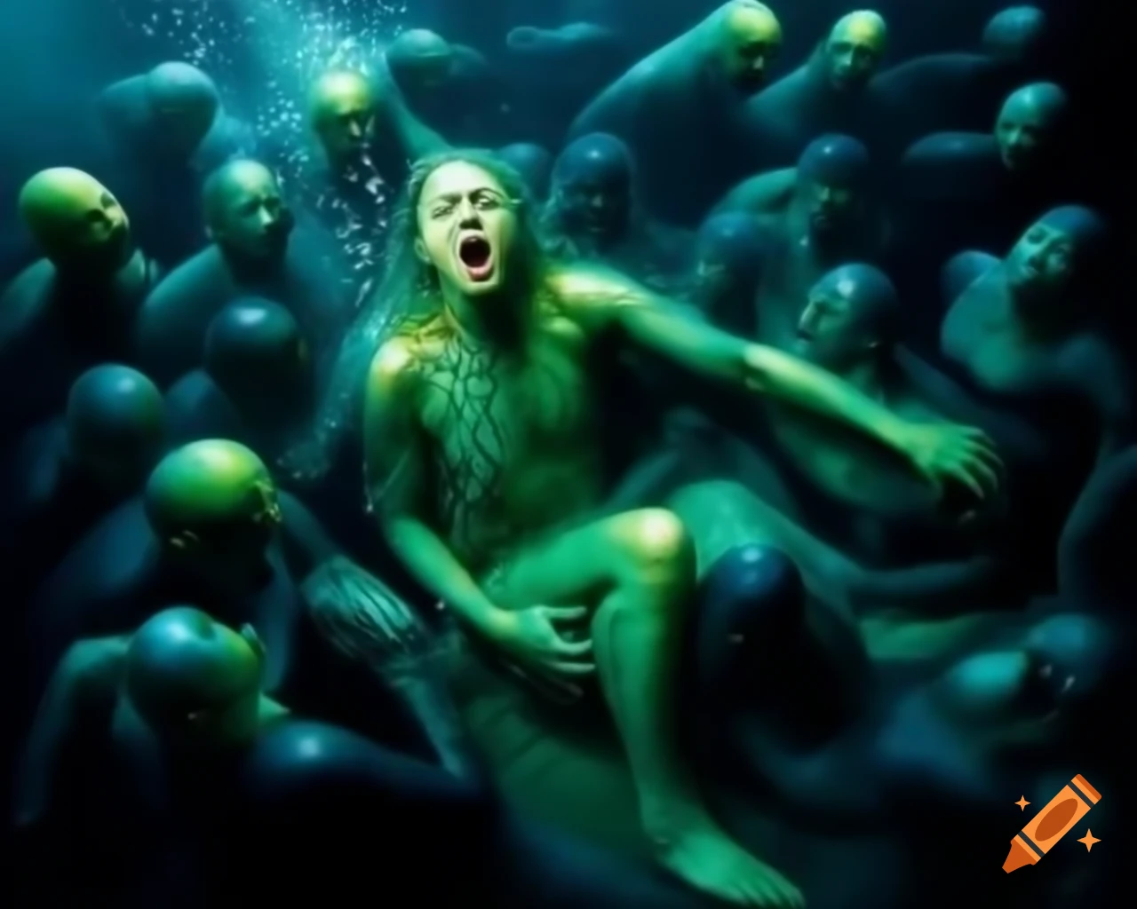 Surreal portrait of deep sea humanoid mutants with slimy skin