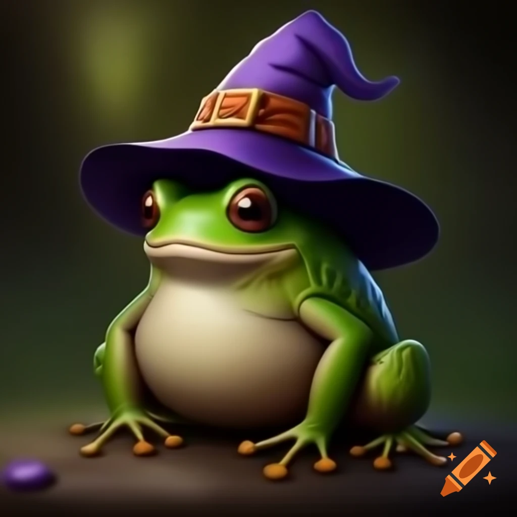 Frog in witch hat with a mischievous expression