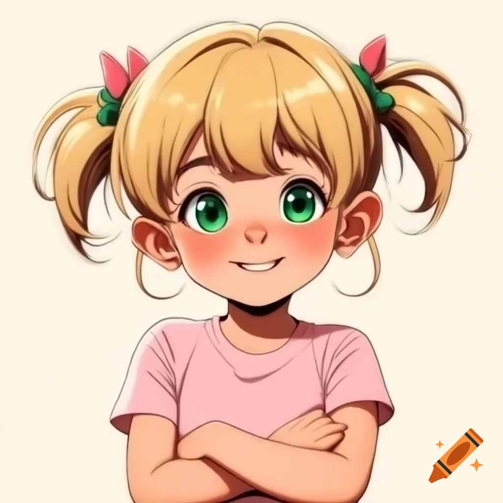 Anime girl with blonde hair and green eyes in pink t-shirt, arms crossed