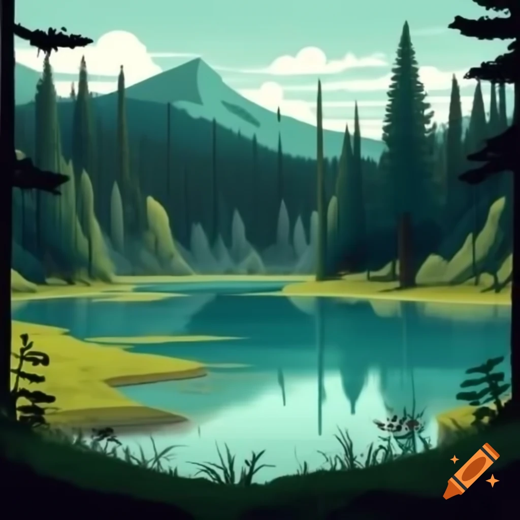 Vintage digital illustration of lagoon in forest field