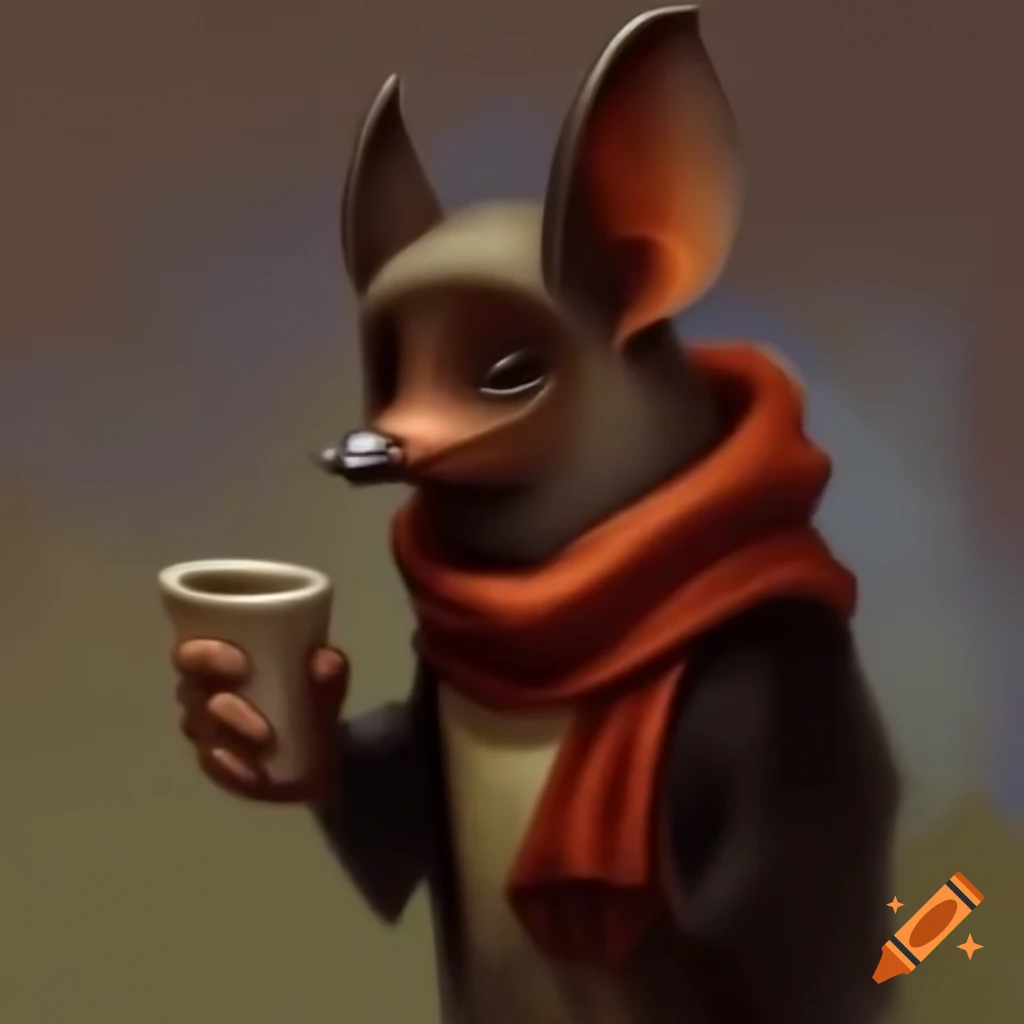 Bat wearing scarf and holding a cup in a whimsical painting