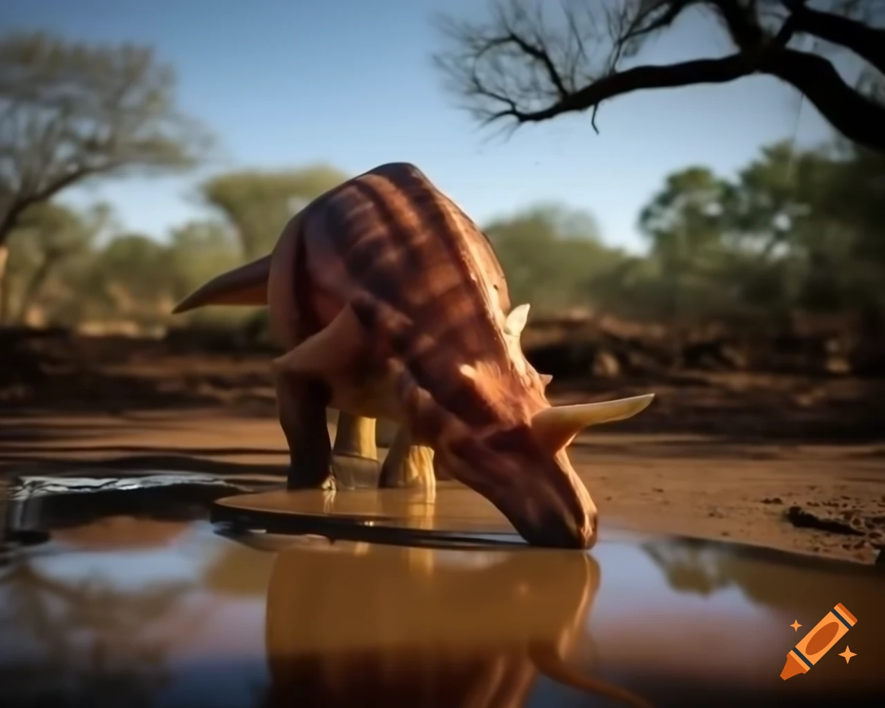 Cinnamon-color hadrosaurus drinking in puddle under tree in sunny clearing