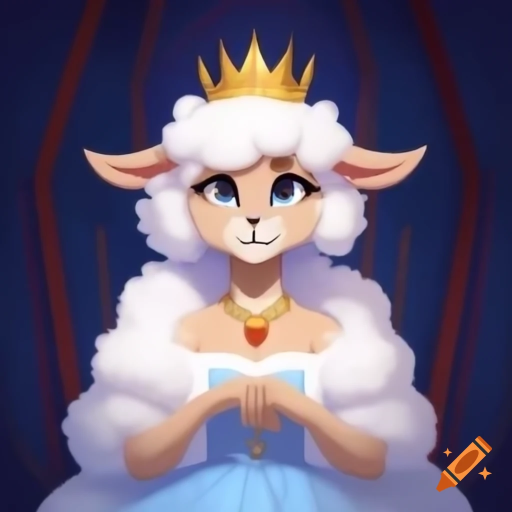 Anime-style anthro sheep girl princess in fancy dress with tiara and jewelry