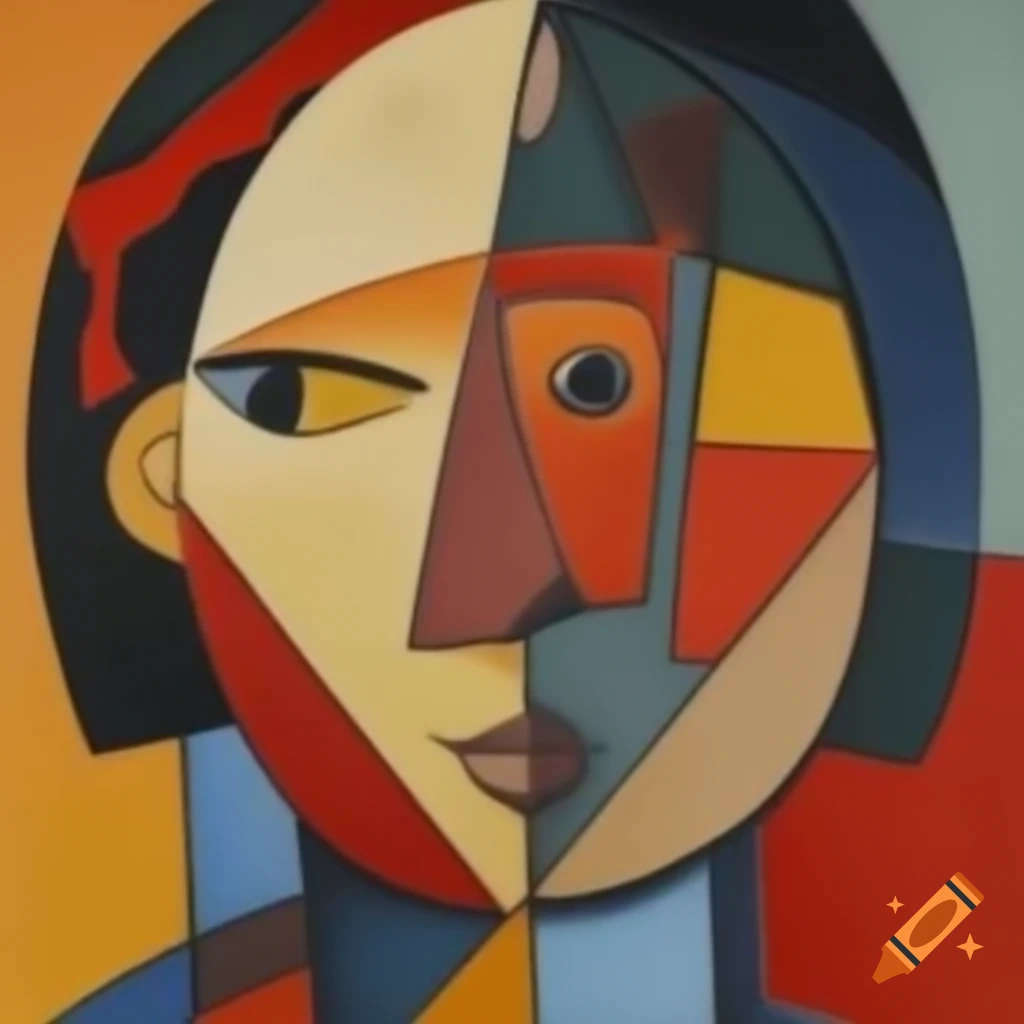 Abstract painting of geometric Kashmiri face with fire and water in Picasso style