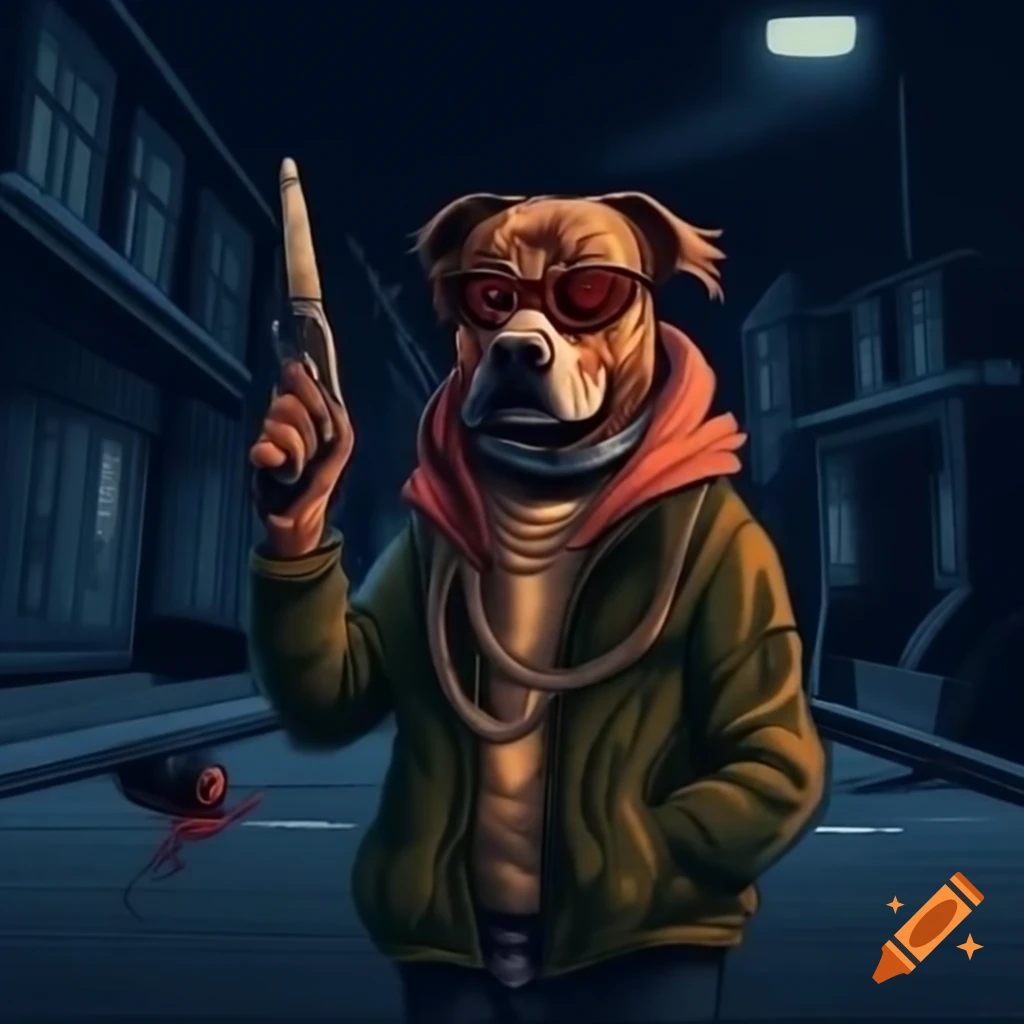 Dog in cool jacket and sunglasses, relaxing on street corner at night