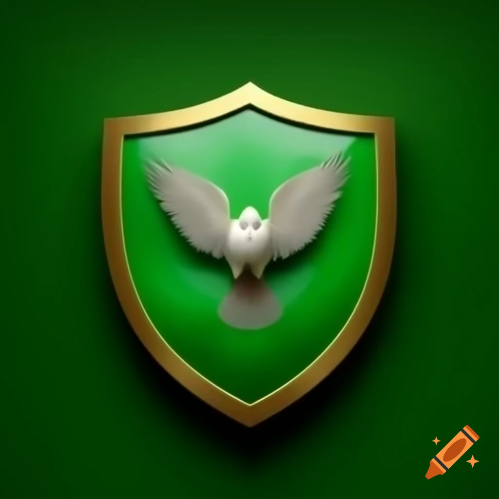 Vibrant green shield with a contrasting finch design