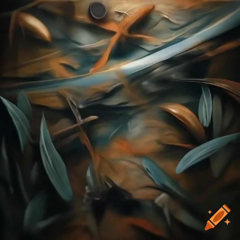 Abstract art of futuristic time travelers in Garden of Eden with exotic flora and fauna
