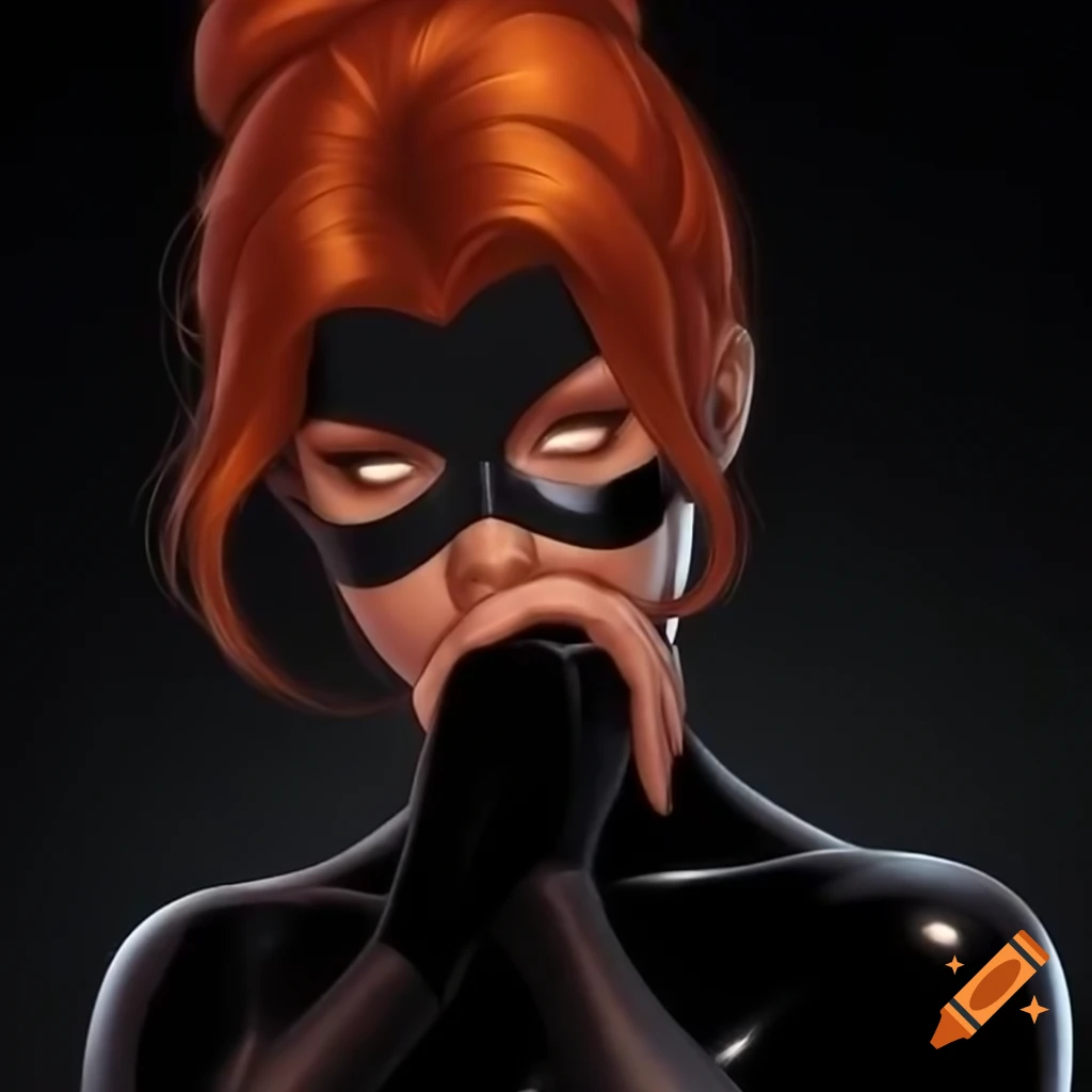 Comic book art of red-haired woman with mask and glowing eyes in liquid metal suit