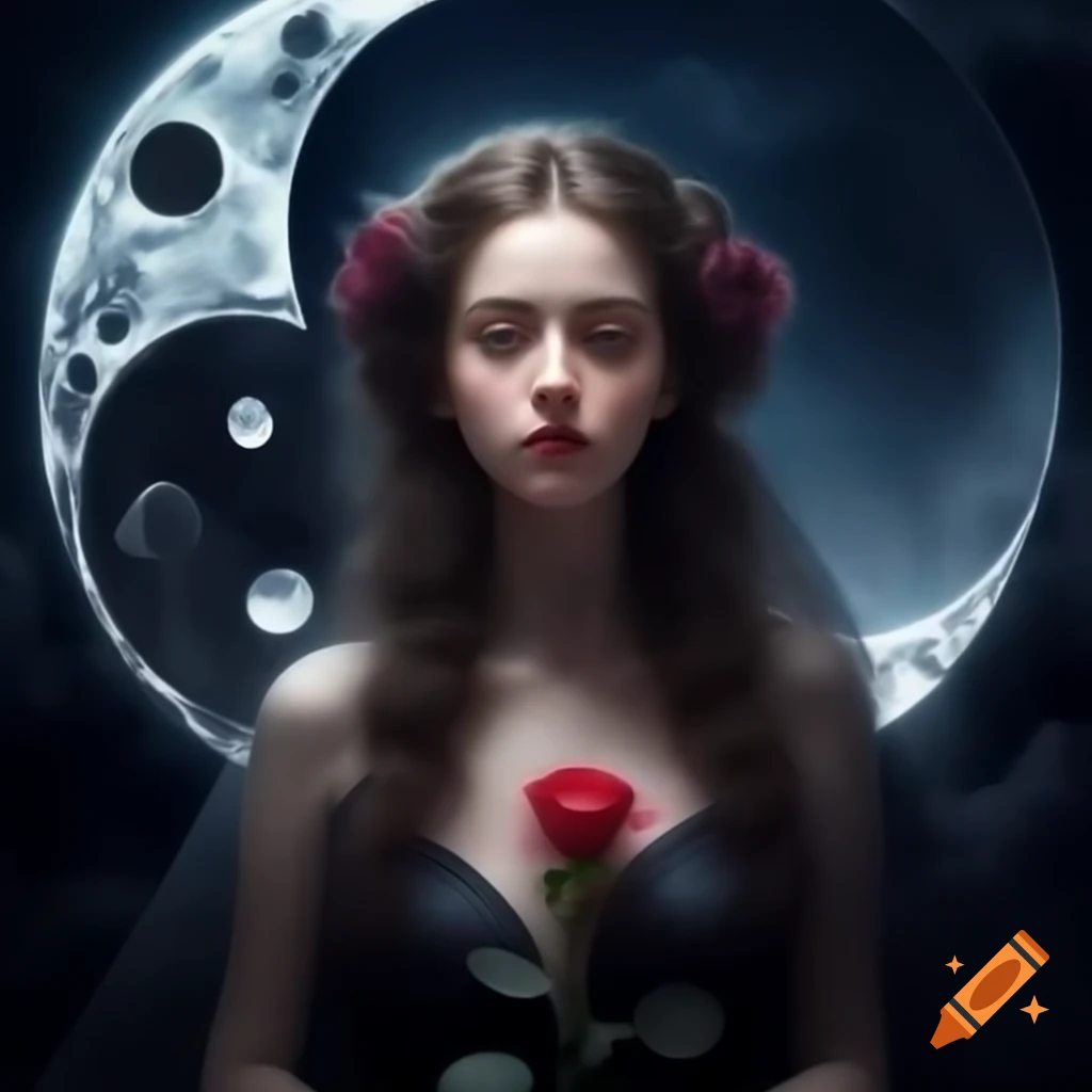 Young English woman with rose in dark dress under yin yang moonlight
